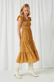 HY2402 Mustard Womens Smocked Bodice Flutter Sleeve Dress Side