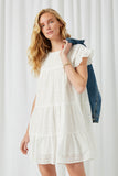 HY2416 Off White Womens Flutter Sleeve Tiered Eyelet Dress Front