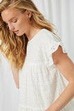 HY2416 Off White Womens Flutter Sleeve Tiered Eyelet Dress Close Up
