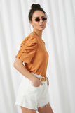 HY2425 Orange Womens Gathered Shoulder Textured Knit Top Side