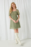 HY2442 Sage Womens Square Neck Puff Sleeve Mini Dress Full Body