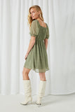 HY2442 Sage Womens Square Neck Puff Sleeve Mini Dress Full Body