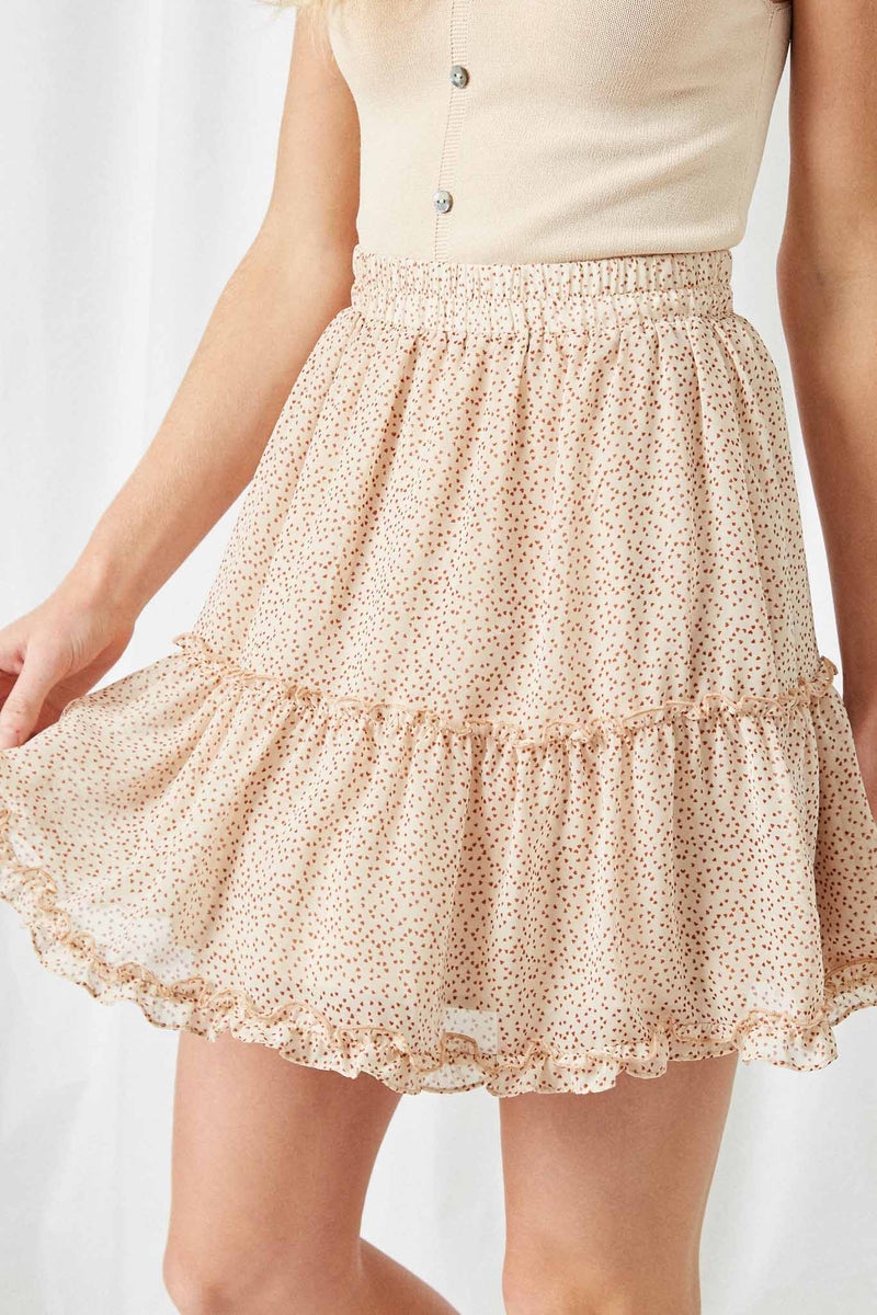 HY2444 Beige Womens Elastic Waist Ditsy Heart Ruffle Skirt Side