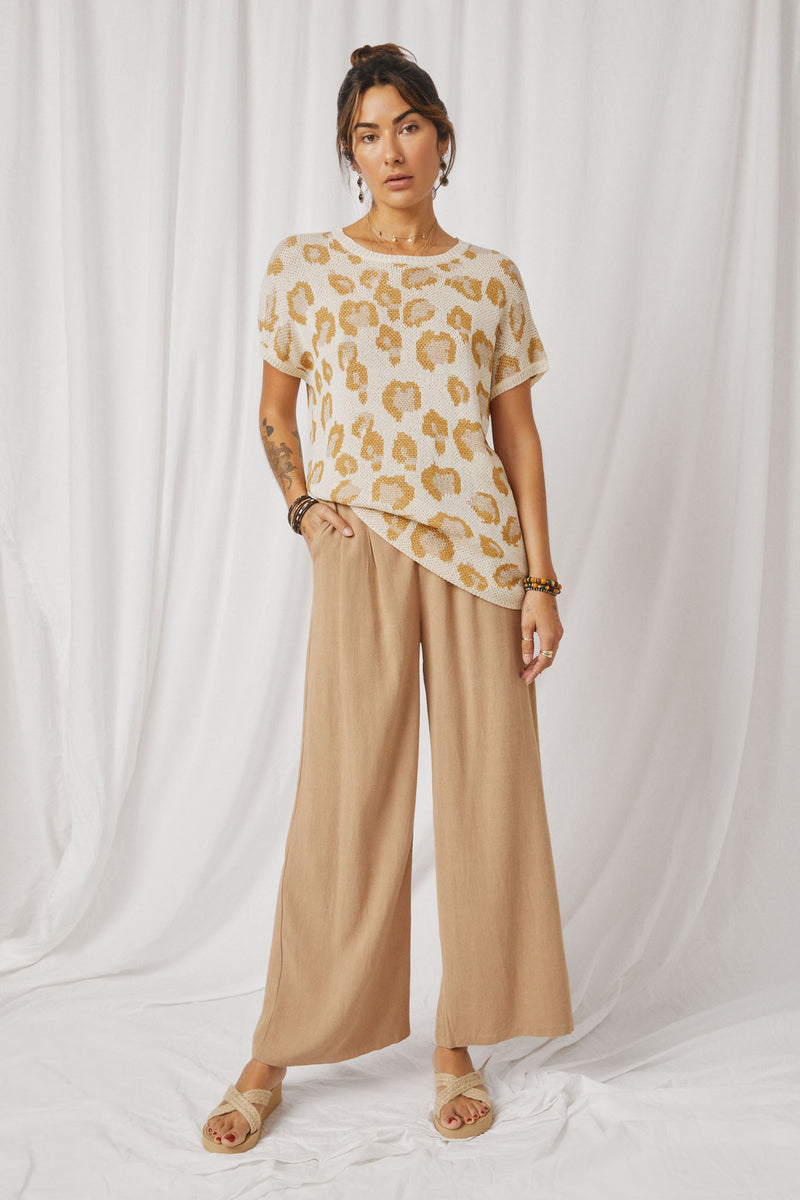 HY2447 Cream Womens Summer Knit Leopard Print Sweater Tank Full Body