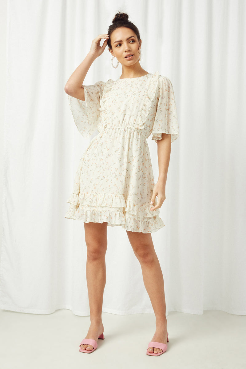 HY2464 Off White Womens Ruffled Cinch Waist Floral Mini Dress Full Body