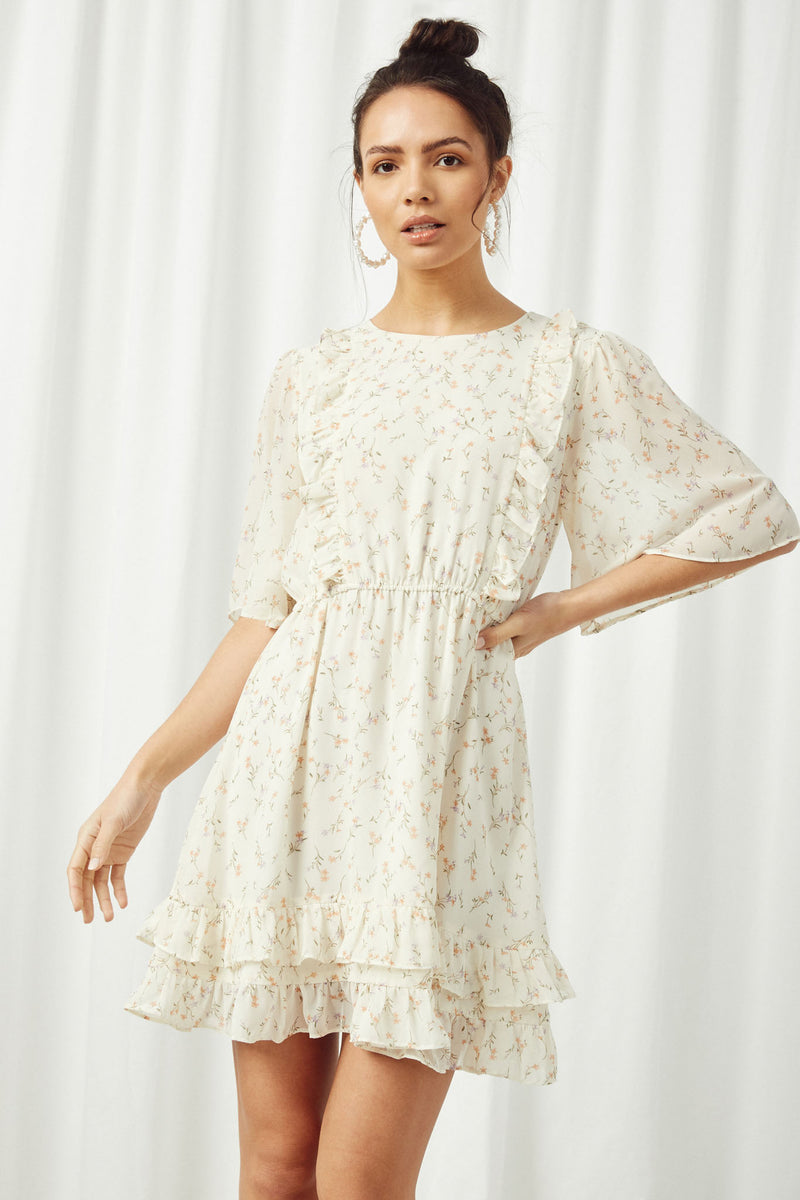 HY2464 Off White Womens Ruffled Cinch Waist Floral Mini Dress Front