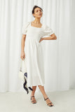 HY2474 Off White Womens Textured Smocked Bodice Puff Sleeve Midi Dress Full Body