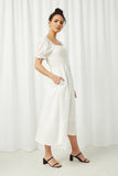 HY2474 Off White Womens Textured Smocked Bodice Puff Sleeve Midi Dress Side