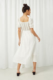 HY2474 Off White Womens Textured Smocked Bodice Puff Sleeve Midi Dress Back