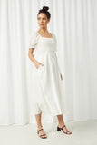 HY2474 Off White Womens Textured Smocked Bodice Puff Sleeve Midi Dress Pose
