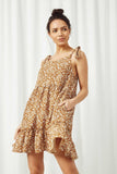 HY2486 Camel Womens Ruffle Tiered V Neck Tie Shoulder Mini Dress Side