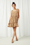 HY2486 Camel Womens Ruffle Tiered V Neck Tie Shoulder Mini Dress Full Body