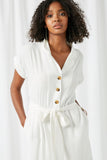 HY2503 Cream Womens Wide Leg Collared Tie Waist Jumpsuit Close Up