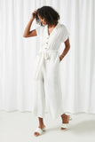 HY2503 Cream Womens Wide Leg Collared Tie Waist Jumpsuit Pose