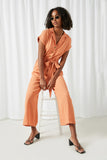 HY2503 Rust Womens Wide Leg Collared Tie Waist Jumpsuit Full Body