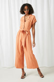 HY2503 Rust Womens Wide Leg Collared Tie Waist Jumpsuit Front