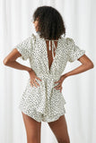 HY2525 Ivory Womens Polka Dot Puff Sleeve Waist Tie Romper Back
