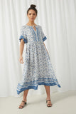 HY2532 Blue Womens Flutter Sleeve Tie Neck Midi Dress Full Body