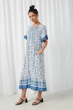 HY2532 Blue Womens Flutter Sleeve Tie Neck Midi Dress Side