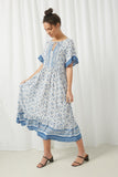 HY2532 Blue Womens Flutter Sleeve Tie Neck Midi Dress Pose