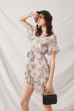 Belted Sheer Floral Flutter Sleeve Mini Dress