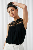 HY2555 Black Womens Sleeveless Embroidered Mesh Yoke Top Close Up