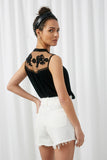 HY2555 Black Womens Sleeveless Embroidered Mesh Yoke Top Side Back