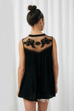 HY2555 Black Womens Sleeveless Embroidered Mesh Yoke Top Back