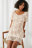 HY2558 Blush Womens Floral Puff Sleeve Gathered Mini Dress Sitting Pose