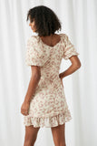 HY2558 Blush Womens Floral Puff Sleeve Gathered Mini Dress Back