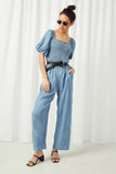 HY2567 Dark Denim Womens Smocked Puff Sleeve Tencel Jumpsuit Full Body