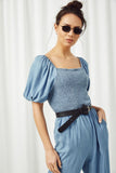 HY2567 Dark Denim Womens Smocked Puff Sleeve Tencel Jumpsuit Front