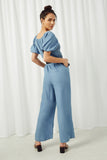 HY2567 Dark Denim Womens Smocked Puff Sleeve Tencel Jumpsuit Back