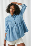 HY2570 Light Denim Womens Button Down Peplum Western Tencel Shirt Front