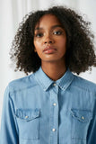 HY2570 Light Denim Womens Button Down Peplum Western Tencel Shirt Close Up