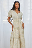 HY2573 YELLOW Womens Buttoned Floral Tiered Maxi Dress Detail