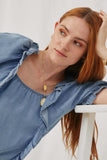 HY2579 Light Denim Womens Square Neck Ruffled Tencel Top Pose