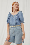 HY2579 Light Denim Womens Square Neck Ruffled Tencel Top Front