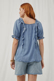 HY2579 Light Denim Womens Square Neck Ruffled Tencel Top Back