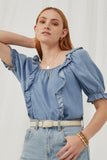 HY2579 Light Denim Womens Square Neck Ruffled Tencel Top Front 2