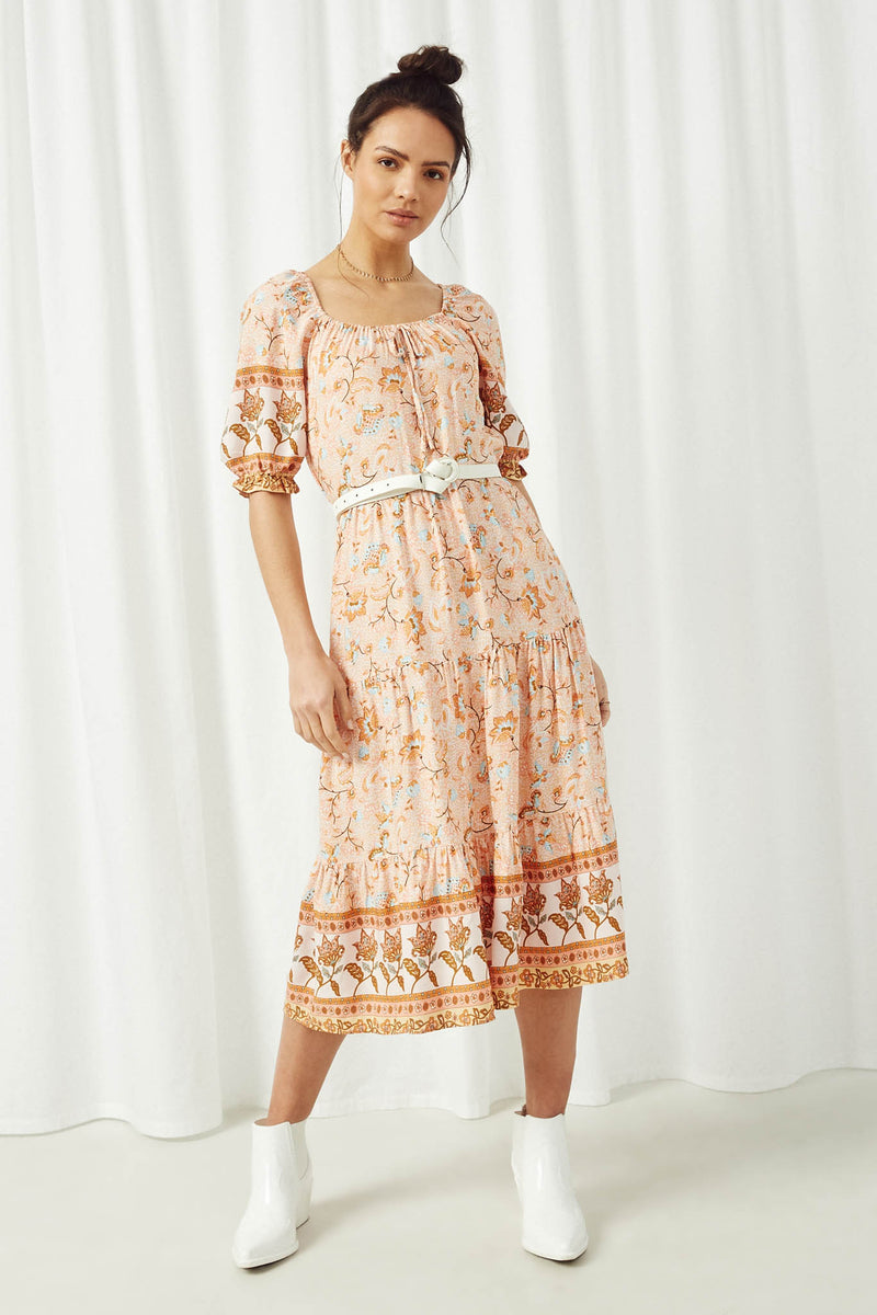 HY2589 Coral Women Square Neck Puff Sleeve Printed Dress Full Body