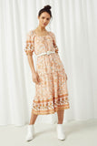 HY2589 Coral Women Square Neck Puff Sleeve Printed Dress Full Body