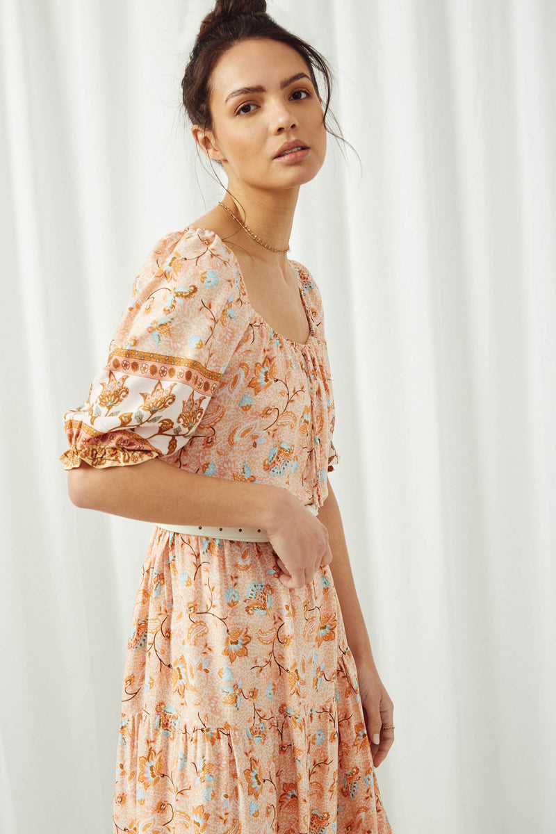 HY2589 Coral Women Square Neck Puff Sleeve Printed Dress Side