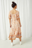 HY2589 Coral Women Square Neck Puff Sleeve Printed Dress Back