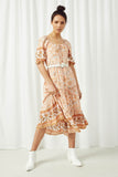 HY2589 Coral Women Square Neck Puff Sleeve Printed Dress Front