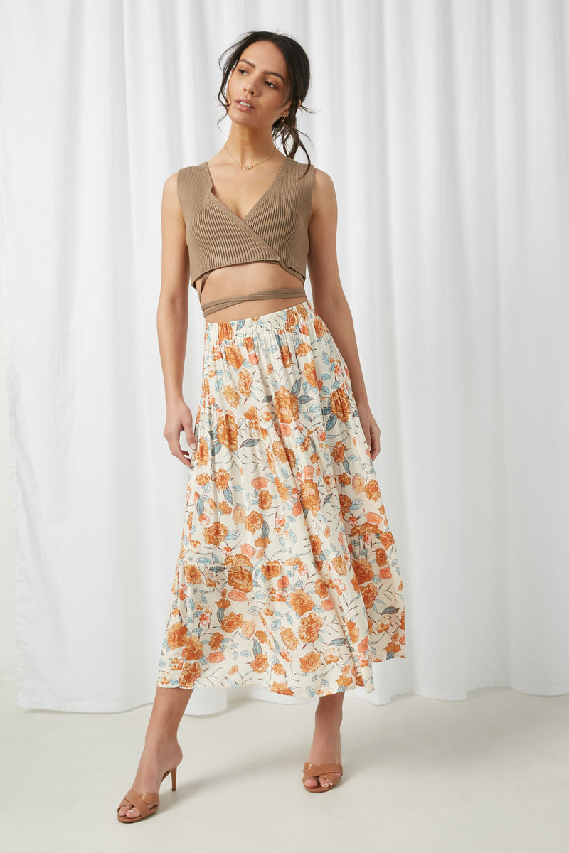 HY2610 Ivory Womens Floral Elastic Waist Midi Skirt Full Body