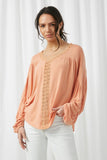 HY2621 Coral Womens Crochet Lace Trim Knit Dolman Top Front