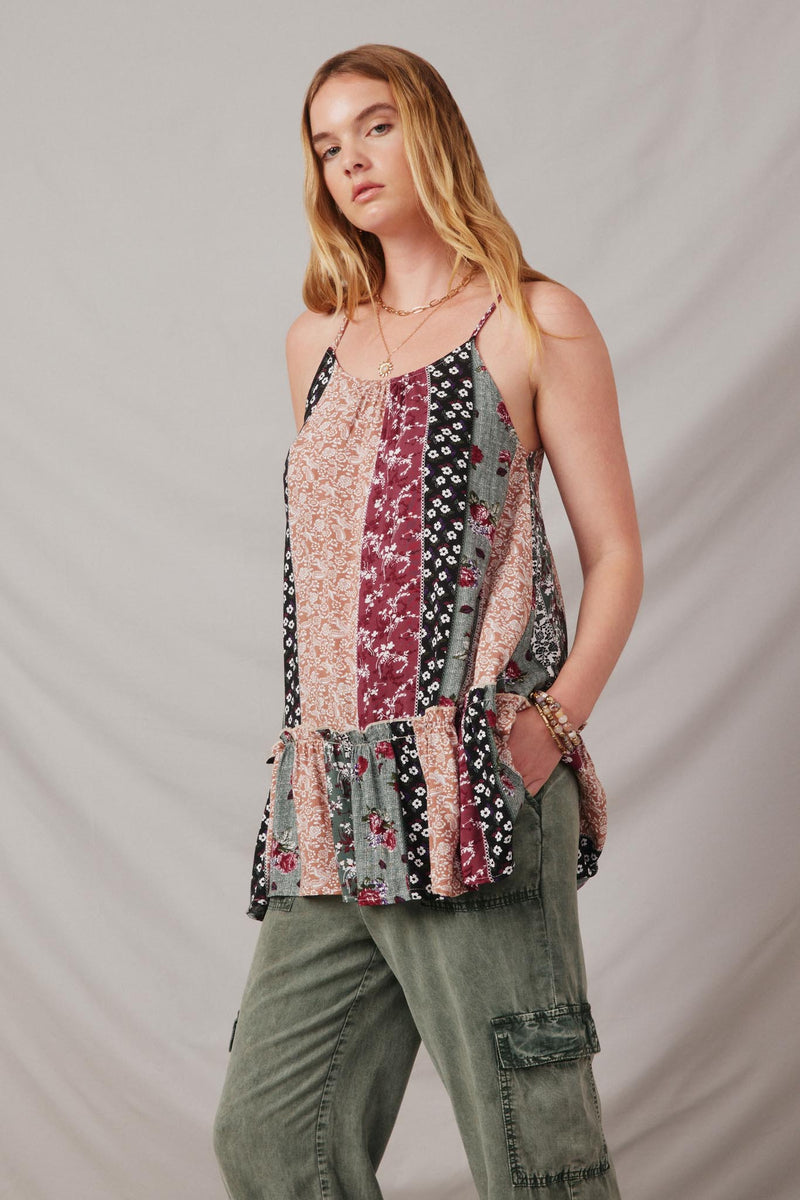 HY2623 Multi Womens Print Block Cross Back Sleeveless Tunic Front