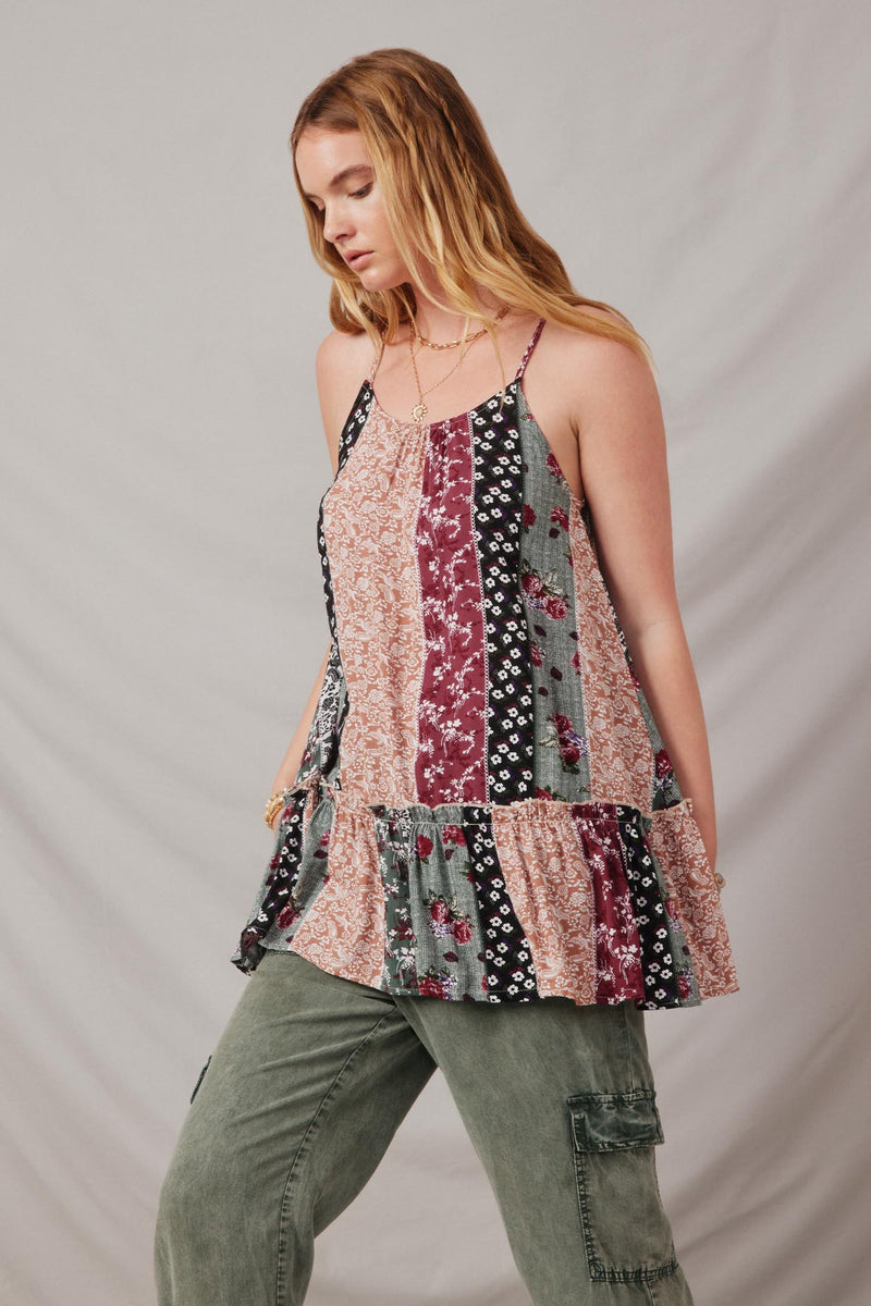 HY2623 Multi Womens Print Block Cross Back Sleeveless Tunic Post