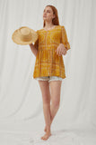 HY2629 Yellow Womens Bandana Print Ruffle Sleeve Peplum Top Full Body